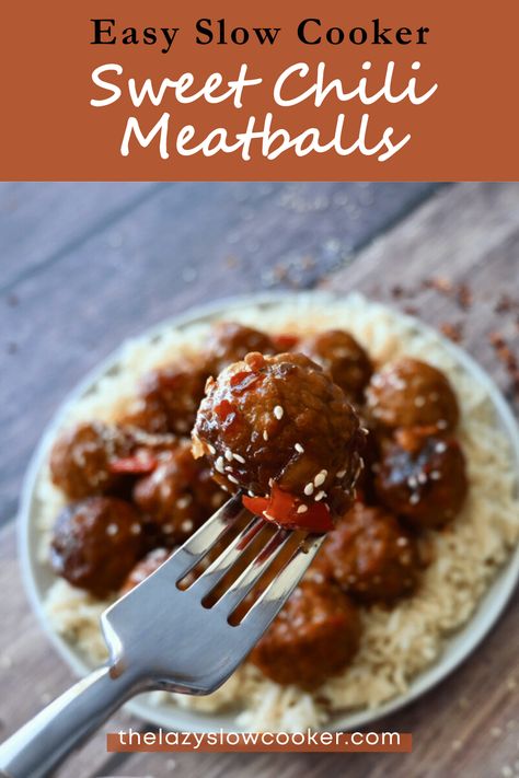 An image of sweet and spicy meatballs made in a slow cooker Crockpot Meatballs Sweet Chili Sauce, Meatballs With Chili Sauce And Jelly, Meatballs With Sweet Chili Sauce, Sweet Thai Chili Meatballs, Sweet Chili Meatballs Crockpot, Teriyaki Meatballs Crockpot, Sweet Chili Meatballs, Oven Meatballs Recipe, Frozen Meatballs Crockpot