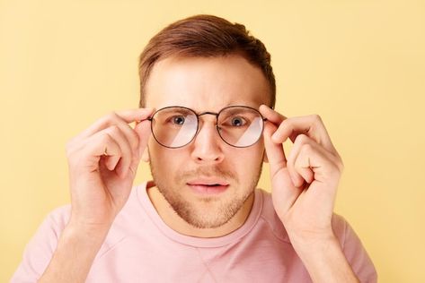 Portrait of caucasian man keeps hands on... | Premium Photo #Freepik #photo #man-looking #man-glasses #shock #surprised Man Glasses, Funny Reaction, Shocking News, Casual Clothes, Yellow Background, Vector Photo, Premium Photo, Spectacles, Hands On