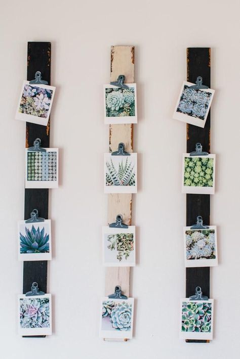 A cheap and clever way to display small photos. #DIY: Polaroid Display, Koti Diy, Diy Projektit, Picture Hanging, Design Sponge, Hanging Pictures, Home Design Decor, Diy Photo, Idea Diy