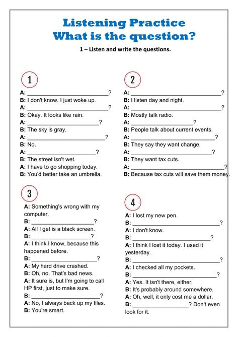 Listening comprehension interactive activity for Basic. You can do the exercises online or download the worksheet as pdf. Listening Test Worksheet, Listening Practice Activities, English Listening Practice, Listening Worksheets For Kids, Listening Comprehension Worksheets, Listening Skills Worksheets, Listening Comprehension Activities, Wh Questions Exercises, Language Acquisition Theories