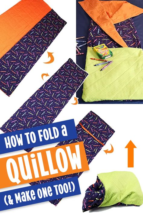 Beginner's sewing project: How to sew a quillow, or a quilt that folds into a pillow. Step-by-step and video tutorial featuring Crayola® Colors of Kindness fabric from Riley Blake Designs. Includes how to fold a quillow, how to turn any quilt into a quillow and how to make a quillow from 4 yards of fabric. Sewing Machine Cabinet, How To Fold, Sewing Projects For Beginners, How To Turn, Riley Blake, Sewing Project, Sewing For Beginners, Riley Blake Designs, How To Sew