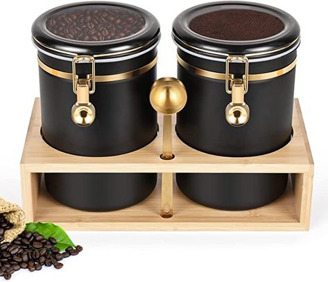 Amazon.com: Yangbaga 304 Stainless Steel Coffee Containers with Shelf,2 x 66 oz Coffee Bean Storage Jar with Gold Airtight Locking Clamp 、 Spoon, Large Capacity Food Storage Jar for Kitchen : Everything Else Coffee Bean Storage, Wooden Storage Shelves, Coffee Canisters, Cereal Containers, Coffee Container, Coffee Storage, Coffee Nook, Ground Coffee Beans, Coffee Canister