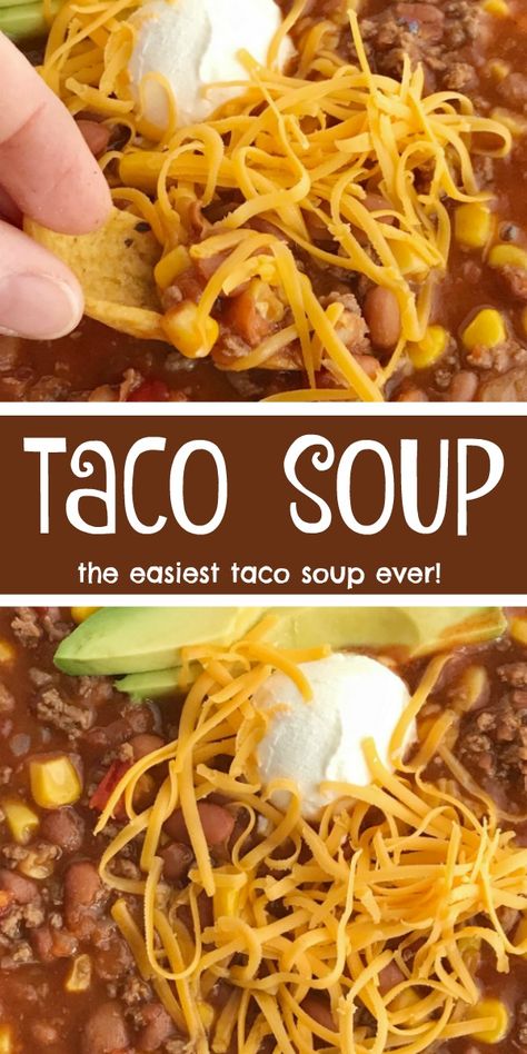 Easy Taco Soup | Taco Soup Recipe | Ground Beef | Easy taco soup is loaded with ground beef, chili beans, corn, and tomatoes. Pile it high with corn chips, sour cream, and shredded cheese. #souprecipe #tacosoup #groundbeefrecipe #dinner #easydinner #recipeoftheday Recipe Ground Beef, Taco Soup Recipe Easy, Ground Beef Chili, Easy Taco Soup, Soup With Ground Beef, Taco Soup Recipe, Diner Recept, Easy Taco, Soup Recipes Slow Cooker