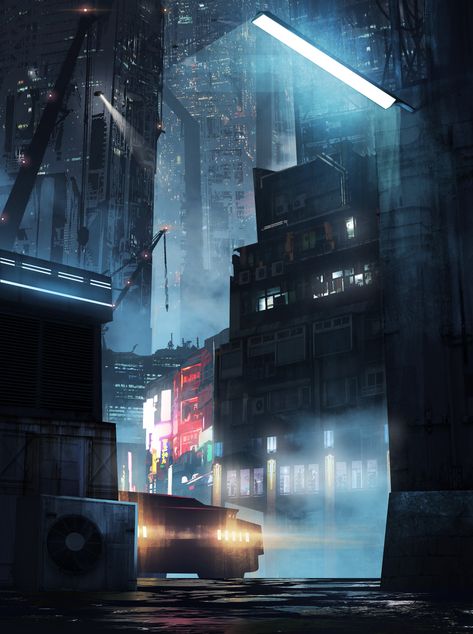 Kota Masa Depan, City Street At Night, Concept Art Landscape, Ville Cyberpunk, Street At Night, Sci Fi Landscape, Arte Ninja, Neon City, Sci Fi City