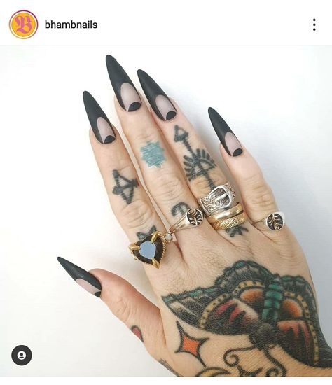 @bhambnails Black Half Moon Nails, Black Nail Art Gothic, Moon Tattoo Hand, Half Moon Nail Designs, Edgy Black Nails, Goth Spring Nails, Nails Half Moon, Alt Nails, Half Moon Tattoo