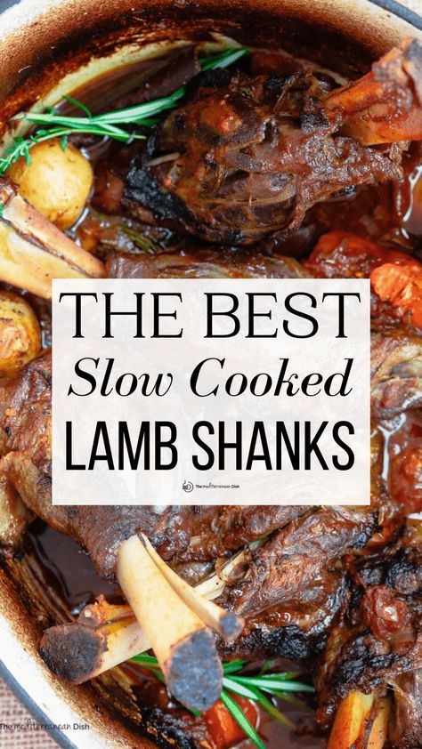 Easy Braised Lamb Shanks - The Mediterranean Dish Braised Lamb Shanks Slow Cooker, Persian Lamb Shank Recipe, Easy Lamb Shank Recipe, Best Lamb Shank Recipe, Lamb Shank Stew, Crockpot Lamb, Braised Lamb Shanks Recipe, Roasted Lamb Shanks, Lamb Shanks Slow Cooker