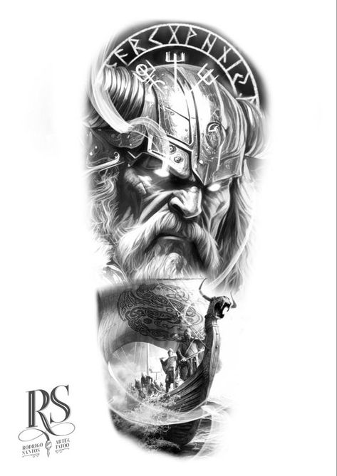 Nordic Tattoo Design Warrior Tattoos Design, Nordic Tattoo Design, Viking Ship Tattoo, Tattoo Odin, Tattoo Rings, Viking Drawings, Viking Tattoos For Men, Thor Tattoo, Viking Warrior Tattoos