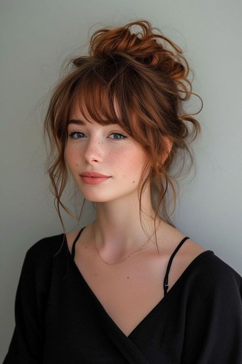 Wispy Bangs Updo Hairstyles, Updos With Wispy Bangs, Hair Styles Framed Face, Soft Bangs With Layers, Blonde Layers And Bangs, Layered Updos, Bangs For An Oval Face, Updos With Face Framing, Face Framing Hairstyles Updo