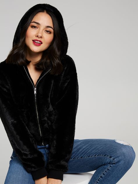 Teddy Girl Bomber Jacket | Dotti Online Black Hair Clips, Faux Fur Hoodie, Black Faux Fur Coat, Fur Hoodie, Style Noir, Black Faux Fur, Leather Mini Skirts, Hooded Coat, Faux Fur Jacket