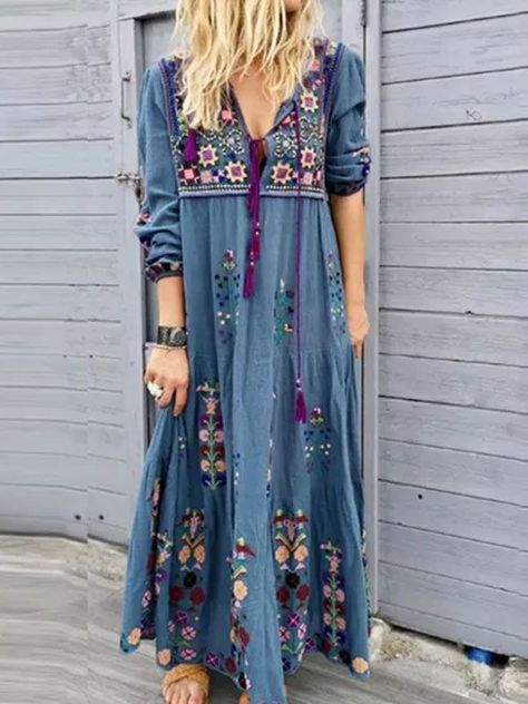 ecd62de20ea67e1c2d933d311b08178adesc49704858ri Long Sleeve Summer Dress, Mode Prints, Long Sleeve Boho Dress, Summer Hot, Cotton Blends Dress, Vintage Hippie, Vestidos Vintage, Floral Print Maxi Dress, Straight Dress