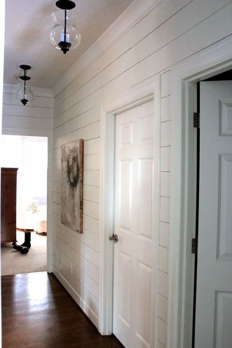 Shiplap Hallway, Planked Walls, Hallway Pendant Lighting, Farmhouse Trim, Farmhouse Foyer, Hallway Light Fixtures, Shiplap Walls, Ship Lap, Farmhouse Entryway