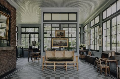 The Madison — Jean Stoffer Design Atrium Kitchen, Checkerboard Tile, Upstairs Kitchen, Jean Stoffer Design, Entryway Floor, Jean Stoffer, Herringbone Tile Floors, Greek Revival Home, Checkerboard Floor