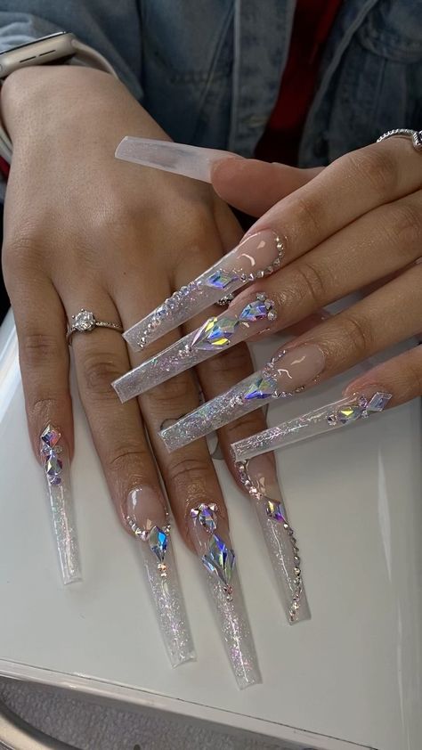 Super Long Nails, Big Nails, Xxl Nails, Marvel Nails, Clear Glitter Nails, Anniversary Nails, Xl Nails, Acrylic Nail Designs Coffin, Fye Nails