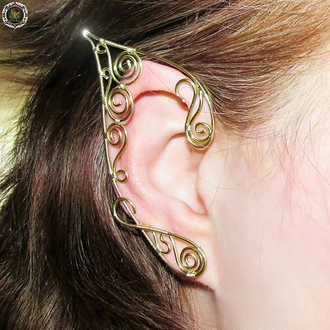 Golden Swirl Elf Ears Earrings | Elven Rose Design Elven Bride, Wire Elf Ears, Elven Costume, Elf Jewelry, Ears Jewelry, Fair Outfit, Elf Ear Cuff, Elf Cosplay, Fairy Ears