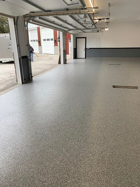 Terrazzo Garage Floor, Polished Concrete Garage Floor, Garage Trim, Garage Flooring Ideas, Polished Concrete Floor Garage, Polyaspartic Garage Floor, Garage Floor Ideas, Garage Hanging Storage, Light Grey Epoxy Garage Floor