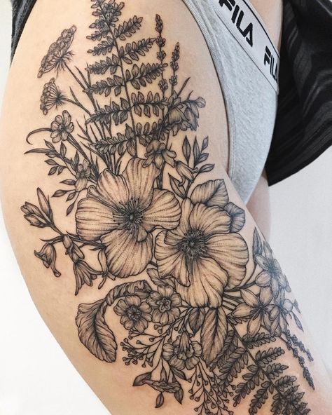 Image may contain: 1 person Mums Tattoo, Yg Tattoos, Botanical Tattoo Design, Plant Tattoos, Cover Up Tattoos For Women, Floral Thigh Tattoos, Fern Tattoo, Tattoos To Cover Scars, Hip Thigh Tattoos