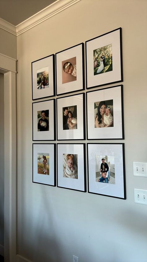 Photo Wall 9 Frames, Hallway Ideas Pictures Photo Displays, Feature Picture Wall, 9 Photo Frames On The Wall, Picture Frame Wall Dining Room, Corridor Photo Wall, Photo Wall Square Frames, Frames Pictures On Wall, Refined Home Decor