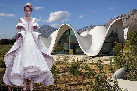 Gallery of Does Form Follow Fashion? Viktoria Lytra's Montages Keep Iconic Architecture In Vogue - 2 Haute Couture, Couture, Unconventional Architecture, Fashion Inspired By Architecture, Architecture Inspired Fashion, Film Architecture, Artistic Architecture, Architect Fashion, Moda Peru