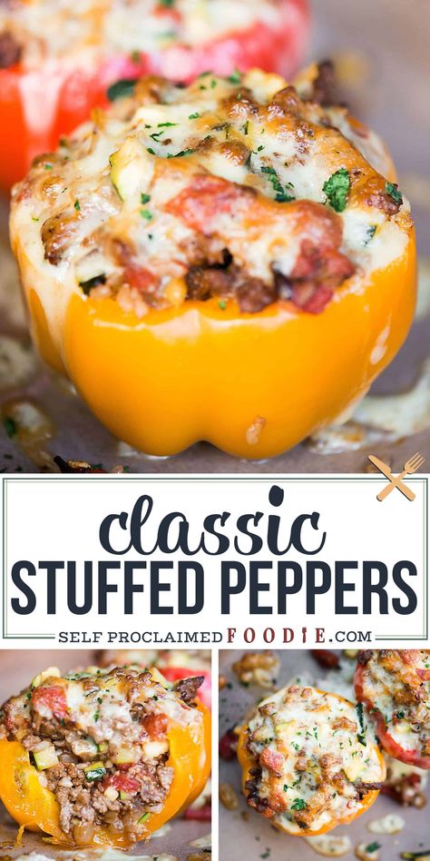 Classic Stuffed Peppers stuffed with rice, ground beef, tomatoes, and zucchini are a complete meal that can be made ahead. They are one of those easy, feel good, dinners. They have everything you would want in a meal - meat, a starch, veggies, and cheese! #stuffedpeppers #stuffedpeppersrecipe #groundbeef #bellpeppers #rice #zucchini #tomatoes #cheese #stuffedpeppersgroundbeef #stuffedbellpeppers Stuffed Peppers Ground Beef, Good Dinners, Classic Stuffed Peppers Recipe, Classic Stuffed Peppers, Tomatoes And Zucchini, Sandwich Vegetarian, Sandwich Healthy, Sandwich Cream, Pepper Sandwich