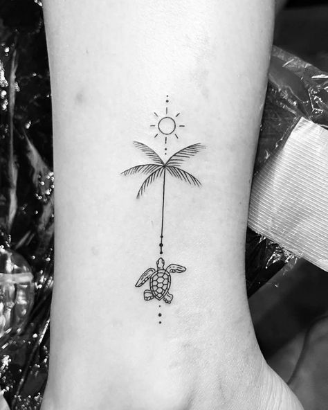 23 Palm Tree Tattoos: A Symbol of Paradise and Relaxation - Body Artifact Tropical Vacation Tattoo Ideas, Turtle Wave Tattoo, Sea Tattoos For Women, Coastal Tattoos, Palm Tree Tattoos, Beach Inspired Wedding, Ocean Wave Tattoo, Beach Inspired Tattoos, Small Beach Tattoos