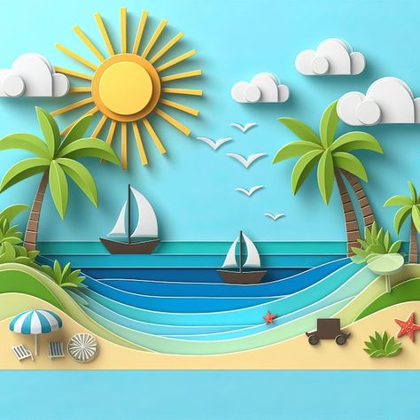 Summer Theme Board, Illustration Board Design, Wave Craft, Paper Scene, Arte Quilling, 3d Poster, Paper Cutout Art, Graphic Design Collection, Photo Summer