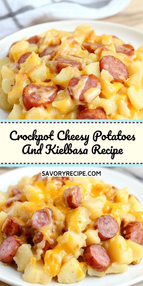 Looking for a hearty and satisfying meal that cooks itself? This Crockpot Cheesy Potatoes and Kielbasa recipe is the ultimate comfort food, combining creamy potatoes with savory sausage. Save this recipe for those busy weeknights when you crave something delicious and easy to make in your slow cooker! Potatoes And Kielbasa, Potluck Recipes Crockpot, Kielbasa Crockpot, Slow Cooker Sausage Recipes, Easy Kielbasa Recipes, Kilbasa Sausage Recipes, Kielbasa Sausage Recipes, Crockpot Cheesy Potatoes, Crockpot Sausage And Potatoes