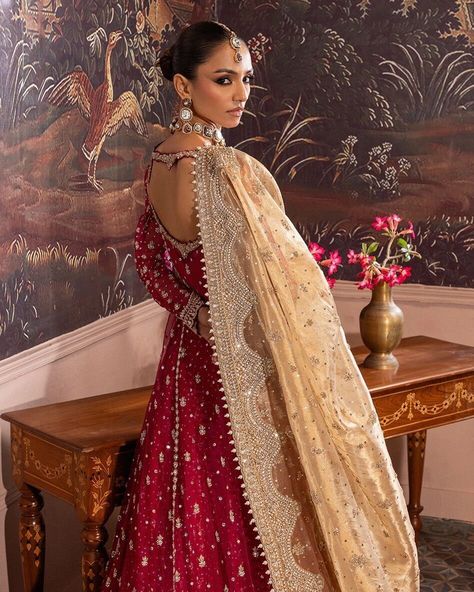 This exquisite bridal dress is a testament to the skill of our master artisans, who have meticulously handcrafted it with fine silver zardozi work. The cherry red dull organza fabric provides a stunning backdrop for the intricate floral patterns that adorn the enriched neckline, creating a true masterpiece. Paired with a silk jamawar lehenga that has been carefully hand-finished for a delicate look, and a dull gold tissue dupatta that showcases the same intricate silver zardozi work, this ens... Tissue Dupatta, Zardozi Work, Pakistani Wedding Dress, Traditional Bride, Organza Fabric, Luxury Bridal, Bridal Dress, Cherry Red, Floral Patterns