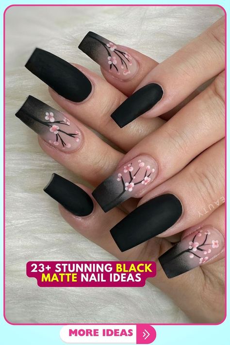 Black matte nails with a Sakura blossom design in pastel pink on a coffin shape, ideal for spring occasions. The acrylic material and artistic floral detailing make these suitable for both casual and semi-formal events. Matte Nail Ideas, Pink Black Nails, Matte Nail Art, Matte Black Nails, Matte Nail, Spring Nail Designs, Cute Spring Nails, Matte Nails Design, Pink Nail Art