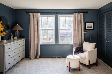 Dark Blue Paint Color, Dark Blue Rooms, Dark Blue Bedroom, Sherwin Williams Blue, Dark Blue Bedrooms, Warm Paint Colors, Blue Gray Paint, Half Price Drapes, Bedroom Reveal