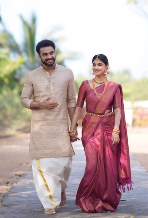 Groom Father Indian Wedding Outfits, Kerala Onam Dress For Mens, Kerala Wedding Groom Dress, Kerala Wedding Poses, Onam Outfits Ideas Men, South Indian Couple Wedding Outfit, South Indian Wedding Photos, Traditional Kanchipuram Sarees, Kurta And Mundu Kerala Men