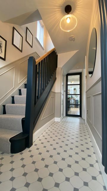 Black Stairs Hallway, Carpet Hallway Ideas, Make Hallway Look Wider, Natural Hallway Ideas, Hallway Half Panelling, Patterned Tile Hallway, Monochrome Stairs And Landing, Hallway With Panelling, Terrace House Staircase