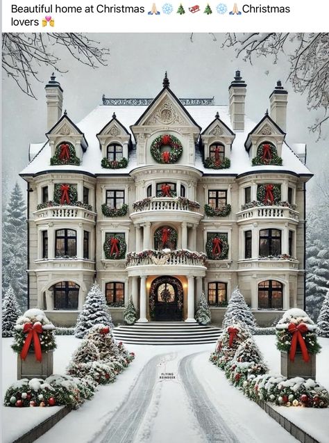 Mansion Christmas Decor Outside, Christmas Mansion Exterior, Christmas Chateau, Winter Mansion, Christmas Mansion, Greenleaf Dollhouse, September Christmas, Mansion Christmas, Christmas Home Exterior