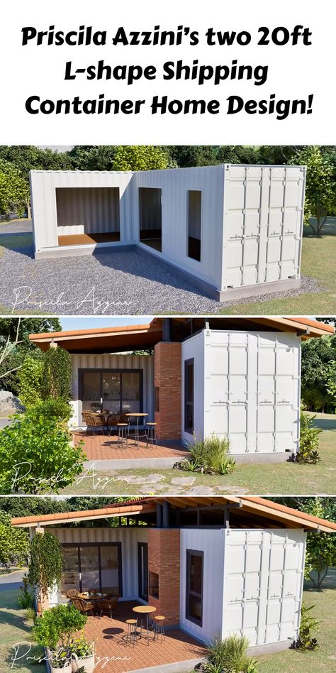 Explore Priscila Azzini’s two 20ft L-shape shipping container home design!    #containerhomes #shippingcontainerdesign #ecofriendlyhomes #tinyHomes #sustainableliving #containerarchitecture #repurposedcontainers #moderndesign #containerinteriors #diycontainerhomes #minimalistliving #containerhomeplans #offgridliving #customcontainerhomes #compactlivingspaces Backyard Container House, Container Home 20ft, U Shape Container House, Desert Shipping Container Homes, Shipping Container Craft Room, L Shape Shipping Container Home, L Shape Container Home, 20 Ft Shipping Container Home, Simple Shipping Container Homes