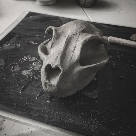 A work-in-progress of a ceramic cat skull planter I’m sculpting. #skullart #homedecor #cats #macabre #ceramics Animal Skull Sculpture, Macabre Sculpture, Skull Ceramics, Ap Ceramics, Clay Skull, Dog Pottery, Ceramic Skull, Dog Skull, Skull Planter