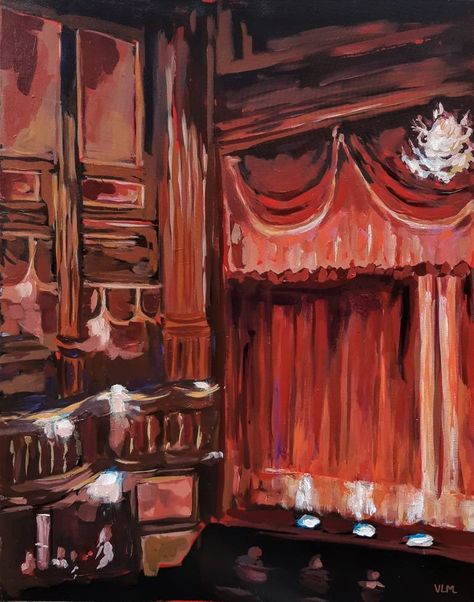 Original Art Acrylic Painting, measuring: 54W x 65H x 2D cm, by: Valerie Le Meur (France). Styles: Impressionism, Figurative, Documentary, Fine Art. Subject: Culture. Keywords: Interior, Shadow, Theatre, Cocoon, Actress, Red, Actor, London, Light, Entertainment, Show, Showbusiness. This Acrylic Painting is one of a kind and once sold will no longer be available to purchase. Buy art at Saatchi Art. Theatre Arts Aesthetic, Theatre Painting Ideas, Theatre Art Drawing, Red Paintings Aesthetic, Paintings Of Rooms, Theatre Artwork, Red Painting Aesthetic, Moulin Rouge Painting, Painting Of A Room