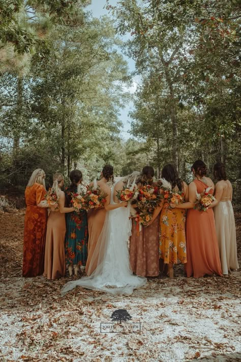 Mix Match Bridesmaids Dresses Fall, Thrifted Wedding Bridesmaid Dresses, Original Bridesmaid Dresses, Diverse Bridesmaid Dresses, Uncoordinated Bridesmaid Dresses, Floral Bridesmaid Dresses Mismatched Fall, Multicolored Bridesmaids Dresses Fall, Fall Wildflower Bridesmaid Dresses, Bridesmaids Not Matching