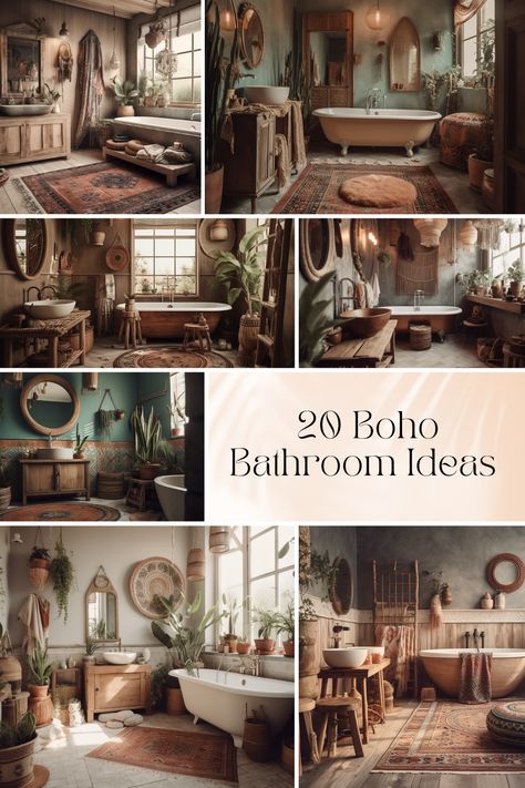 Step into Boho Bliss: Transform Your Bathroom with These Unique Ideas Spa Inspired Bathroom Bohemian, Eclectic Bohemian Bathroom, Boho Bathroom Ideas Small Vintage, Boho Bathroom Ideas Small Apartment, Boho Bathrooms Bohemian, Boho Vanity Bathroom, Exotic Bathroom Ideas, Nature Inspired Bathrooms, Boho Spa Bathroom