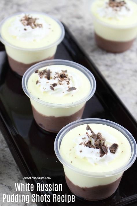 White Russian Pudding Shots, Pudding Jello Shots, Pudding Shot Recipes, Russian Party, Alcohol Shots, Jello Pudding Shots, Alcoholic Desserts, Dessert Shots, Jell O Shots