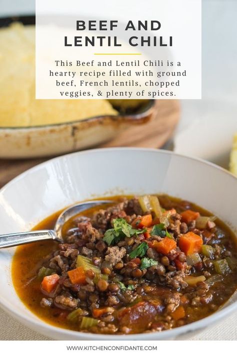 Beef and Lentil Chili in a bowl. Healthy Beef Chili Recipe, Beef Lentil Soup, Beef And Lentil, Lentil Chili Recipe, Slow Cooker Ground Beef, Beef Recipe Instant Pot, Ground Beef Chili, Celery Recipes, Chopped Veggies