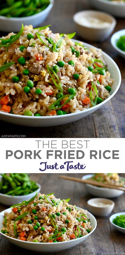 Two bowls containing pork fried rice with peas, carrots and sliced scallions. Fried Rice Pork, How To Make Pork Fried Rice, Best Pork Fried Rice Recipe, Pork Fried Rice Recipe Easy, Healthy Pork Fried Rice, Pork Fried Rice Easy, Pork Fried Rice With Leftover Pork, Roast Pork Fried Rice, Pork Fried Rice Recipe