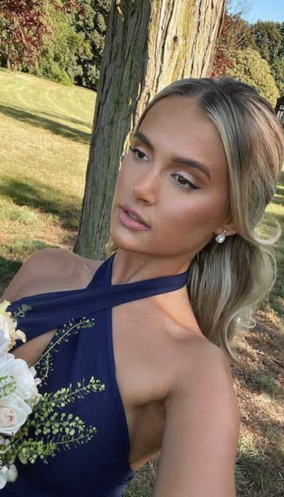 Bridesmaid Makeup Navy Dress, Bridesmaid Makeup Navy Blue Dress, Makeup For Navy Dress, Soft Bridesmaid Makeup, Blue Dress Blonde Hair, Navy Blue Dress Makeup, Navy Dress Makeup, Debs Hair, Navy Makeup