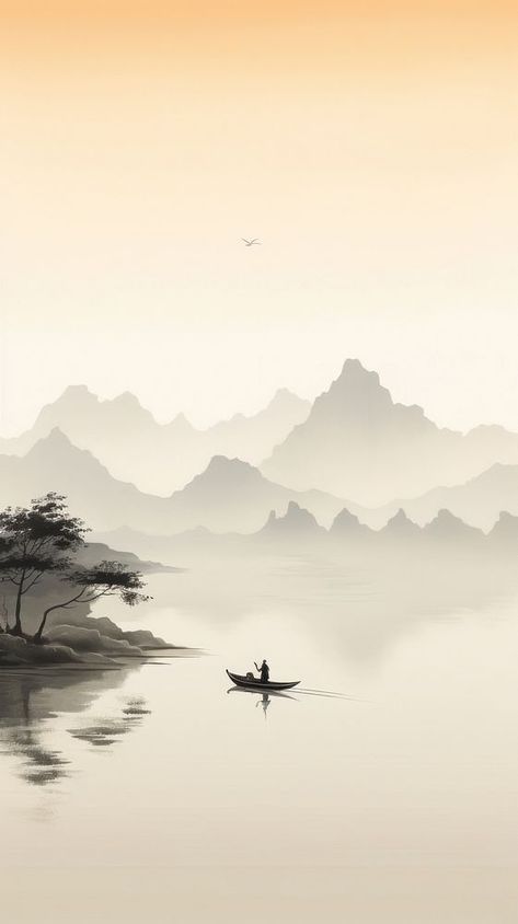 A chinese boat on the lake and mountain landscape outdoors nature. AI generated Image by rawpixel. | premium image by rawpixel.com / north Mountain Iphone Wallpaper, Slogan Poster, Minimalist Iphone Wallpaper, Chinese Scenery, Chinese Boat, Bridge Wallpaper, Chinese Wallpaper, Wallpaper Minimalist, Chinese Landscape Painting