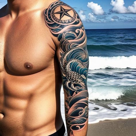 "Dive into Serenity: Ocean-Inspired Half-Sleeve" Detailed waves and shells flow seamlessly in this breathtaking black-and-grey half-sleeve tattoo. on the demand of one of our follower #HalfSleeveTattoo #OceanWaves #TattooInspiration #TattooDesign #tattoos #tattooart #tattooing #tattooideas #tattoodesign #tattooartist #tattooart #tattooinspiration Ocean Sleeve Tattoos, Bull Tattoos, Nautical Tattoo, Half Sleeve Tattoos For Guys, Tattoo Sleeve Men, Half Sleeve Tattoo, Ocean Inspiration, Half Sleeves, Tattoos For Guys