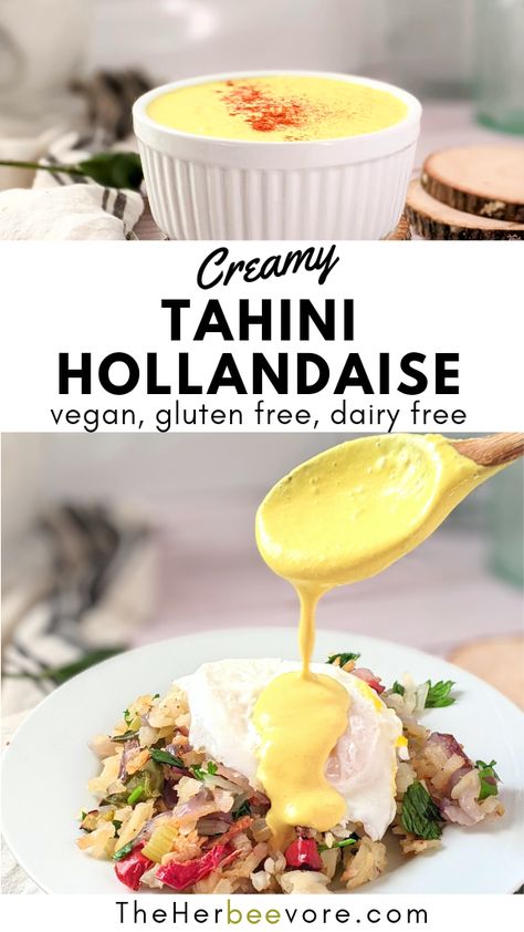 This Tahini Hollandaise recipe is a rich and creamy sauce to top your benedicts, scrambles, home fries, and hash browns with! This egg free dairy free Hollandaise with tahini is great for a vegan brunch. Sauce For Eggs, Vegan Hollandaise Sauce, Hollandaise Sauce Recipe, Gluten Free Dairy Free Breakfast, Hollandaise Recipe, Fiber Recipes, Recipe For Hollandaise Sauce, Dairy Free Cooking, Tahini Recipe