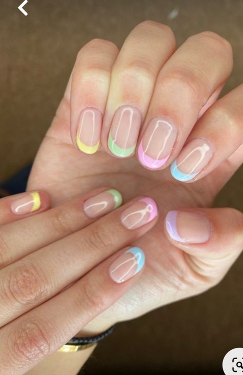 Different Color French Tip Nails Pastel, Natural Pastel Nails, Short Pastel French Tip Nails, Colored French Tip Nails Natural Nail, Summer Color French Nails, French Color Nails Design, Color French Short Nails, Short French Nails Color Pastel, Cute Color French Tip Nails