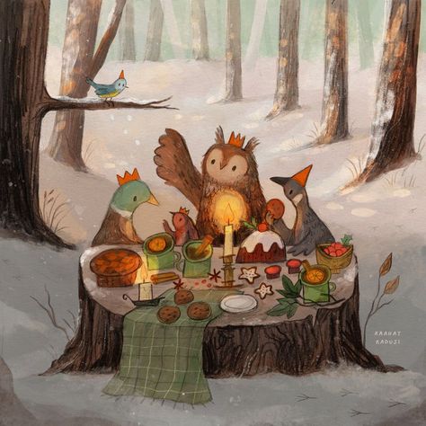 Here's something cosy and bird themed that I whipped up for the first day of the #advent_challenge. It's a digital-traditional combo and I had the most fun painting it! 🤎 Digital illustration, winter, christmas, festive, woodland animals, birds, snow, traditional digital art illustration by Raahat Kaduji raahatkaduji.com Winter Aesthetic Animals, Cosy Winter Illustration, Christmas Illustration Animals, Christmas Animal Art, Christmas Animal Illustration, Winter Art Aesthetic, Cute Christmas Pics, Christmas Illustration Wallpaper, Winter Animals Illustration