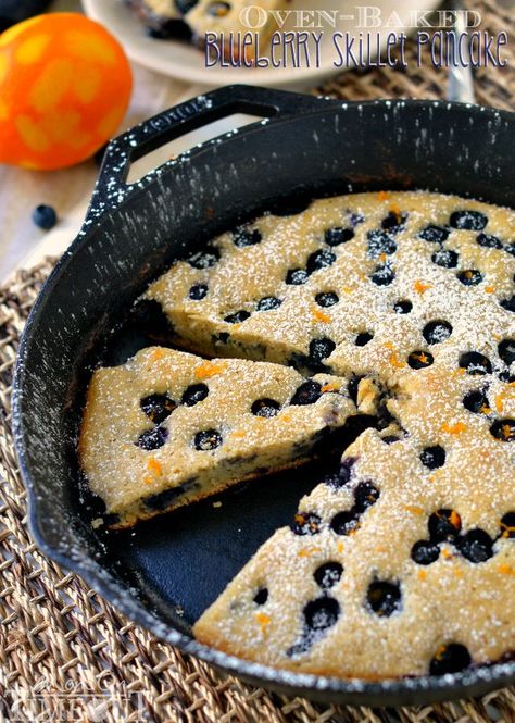 Oven-Baked Blueberry Skillet Pancake Blueberries Pancakes, Oven Pancake Recipe, Blueberry Skillet, Cast Iron Pancakes, Skillet Pancake, Oven Pancake, Cowboy Food, Oven Pancakes, Delicious Crockpot Recipes