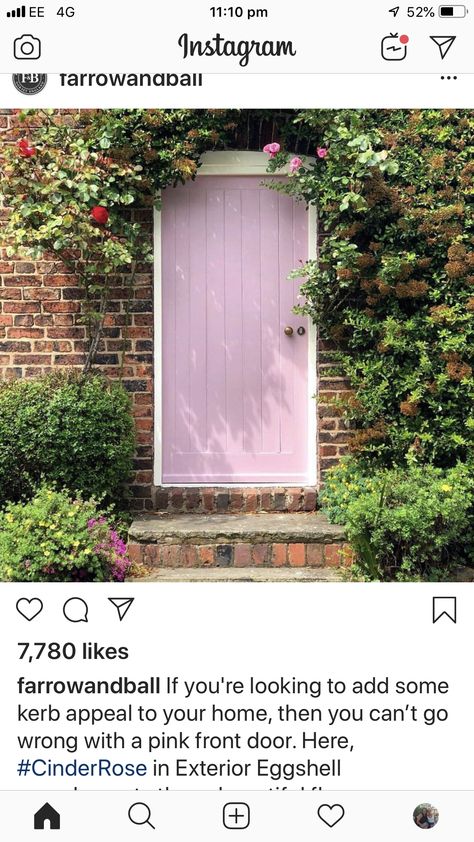 Cinder Rose Farrow And Ball, Cinder Rose, Pink Doors, Brick Wall Gardens, Cottage Front Doors, Pink Front Door, Dark Windows, Instagram Wall, Pink Door