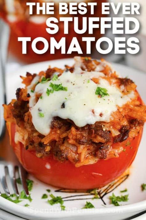 Stuffed Tomatoes are the perfect meal when you want something a little different! They're full of Italian-inspired flavor, everyone will love these cheesy, easy tomatoes! #spendwithpennies #stuffedtomatoes #recipe #maindish #baked #cheesy Moist Banana Nut Muffins, Baked Tomato Recipes, Stuffed Tomato, Tomato Appetizers, Stuffed Pepper Casserole, Nut Muffins, Stuffed Tomatoes, Tomato Dishes, Fresh Tomato Recipes