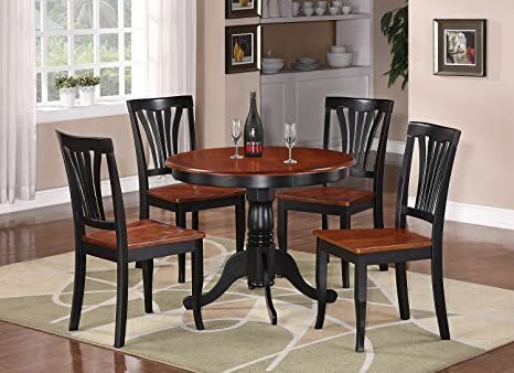 East-West Furniture Dining Set- 4 Excellent Wood Chairs - A Beautiful Dinner Table- Wooden Seat - Cherry And Black Dining Table Black Dining Table Wood, Wood And Black Dining Table, White Round Kitchen Table, Round Kitchen Table And Chairs, Round Kitchen Table Set, Kitchen Dinette Sets, Black Kitchen Table, Black Dining Table, Small Table And Chairs